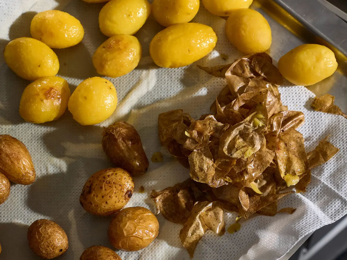 Peeled and roasted potatoes ready for further preparation.